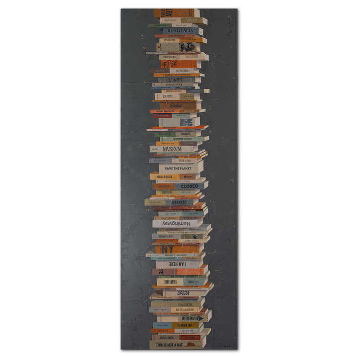 Books In Balance II, artwork by Tomasa Martín. Oil and acrylic on linen, vertical painting of stacked books on a charcoal gray bcackground.
