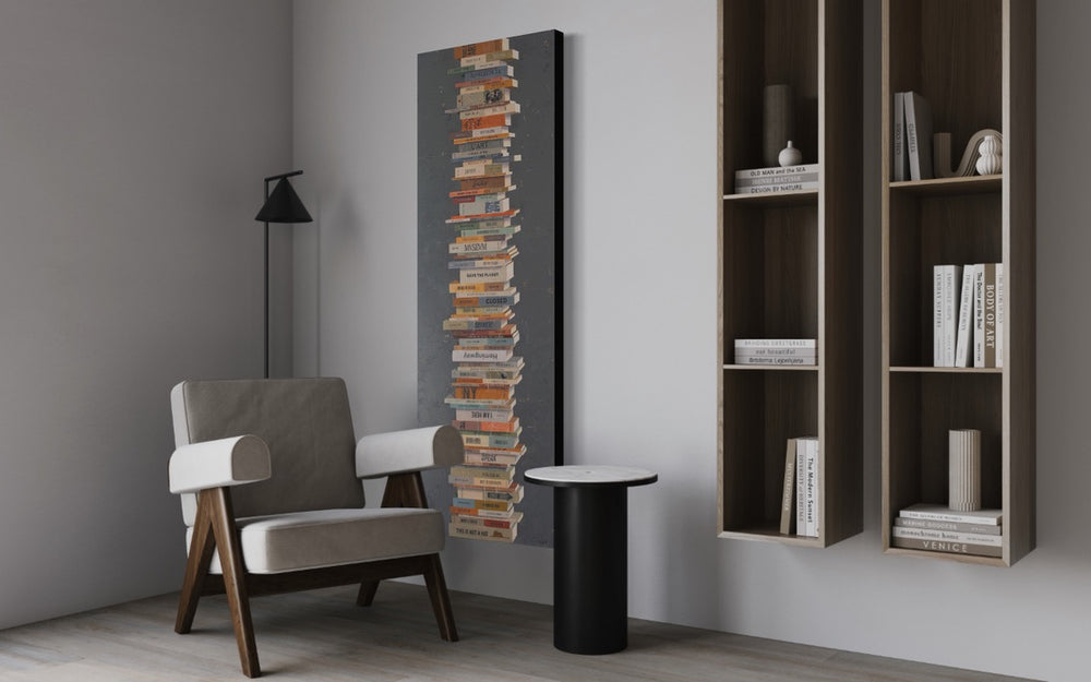 Books In Balance II, artwork by Tomasa Martín. Oil and acrylic on linen, vertical painting of stacked books on a charcoal gray bcackground.