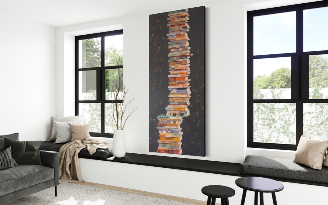Equilibrium III, artwork by Tomasa Martín. Oil and acrylic on linen painting of stacked books on a charcoal gray background.