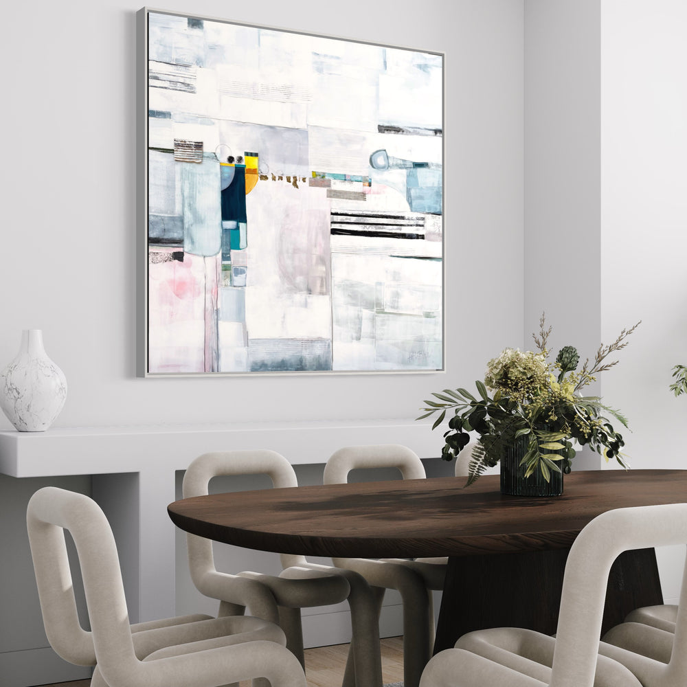 Lau Blou 48" x 48" Paradis blanc white abstract painting, geometric snowy white shapes with some gold leaf, feminine