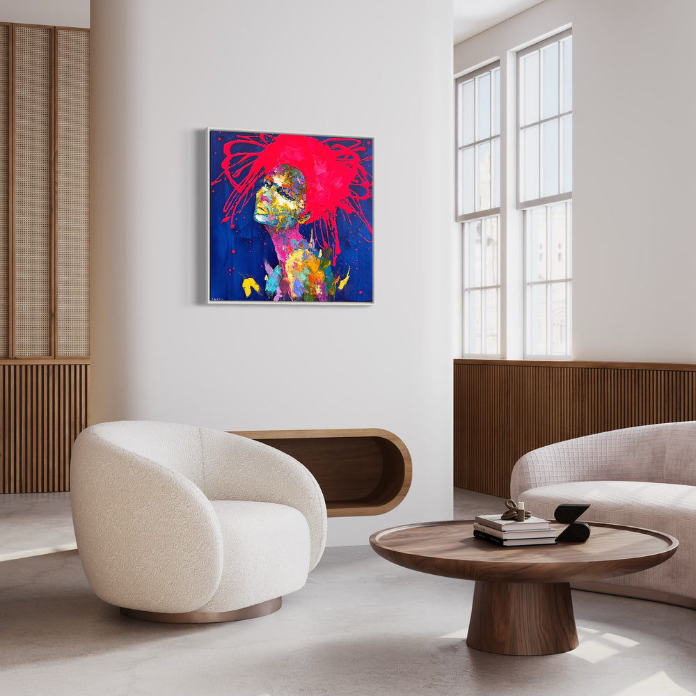 side view portrait of woman face in thick expressionistic brushstrokes and multi color neon splattered red paint hair on bright blue background