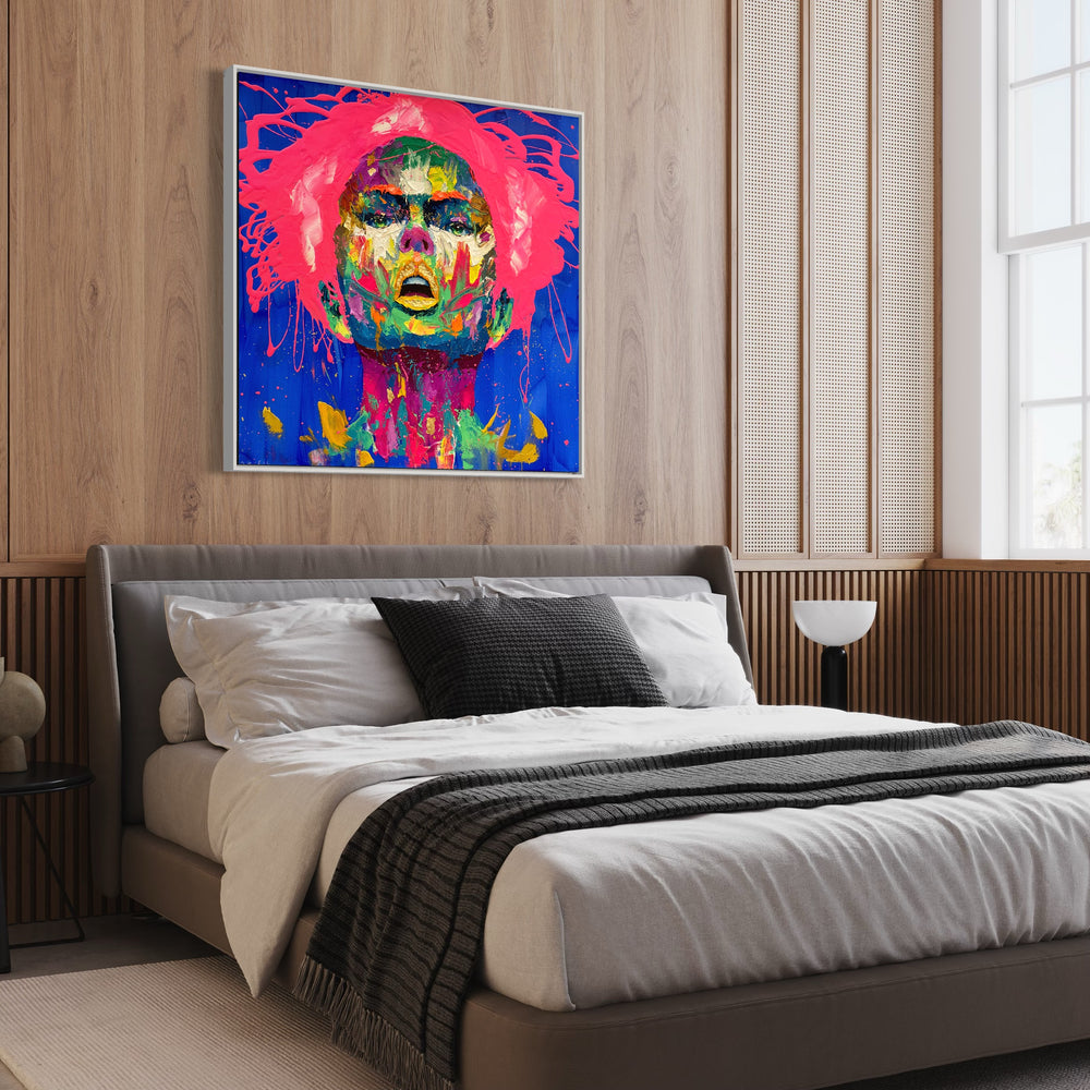 straight on portrait of woman face mouth open in thick gestural brushstrokes in bright neon color on blue background splattered pink hair