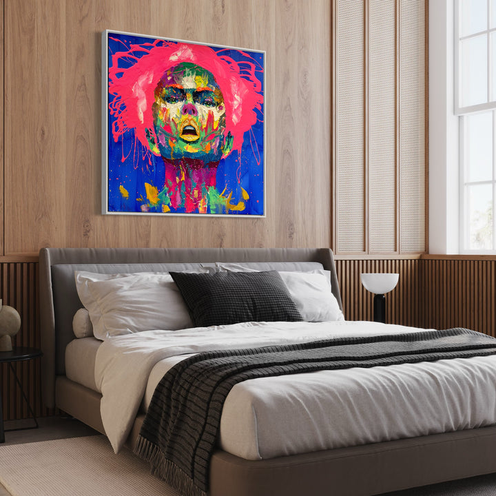 straight on portrait of woman face mouth open in thick gestural brushstrokes in bright neon color on blue background splattered pink hair
