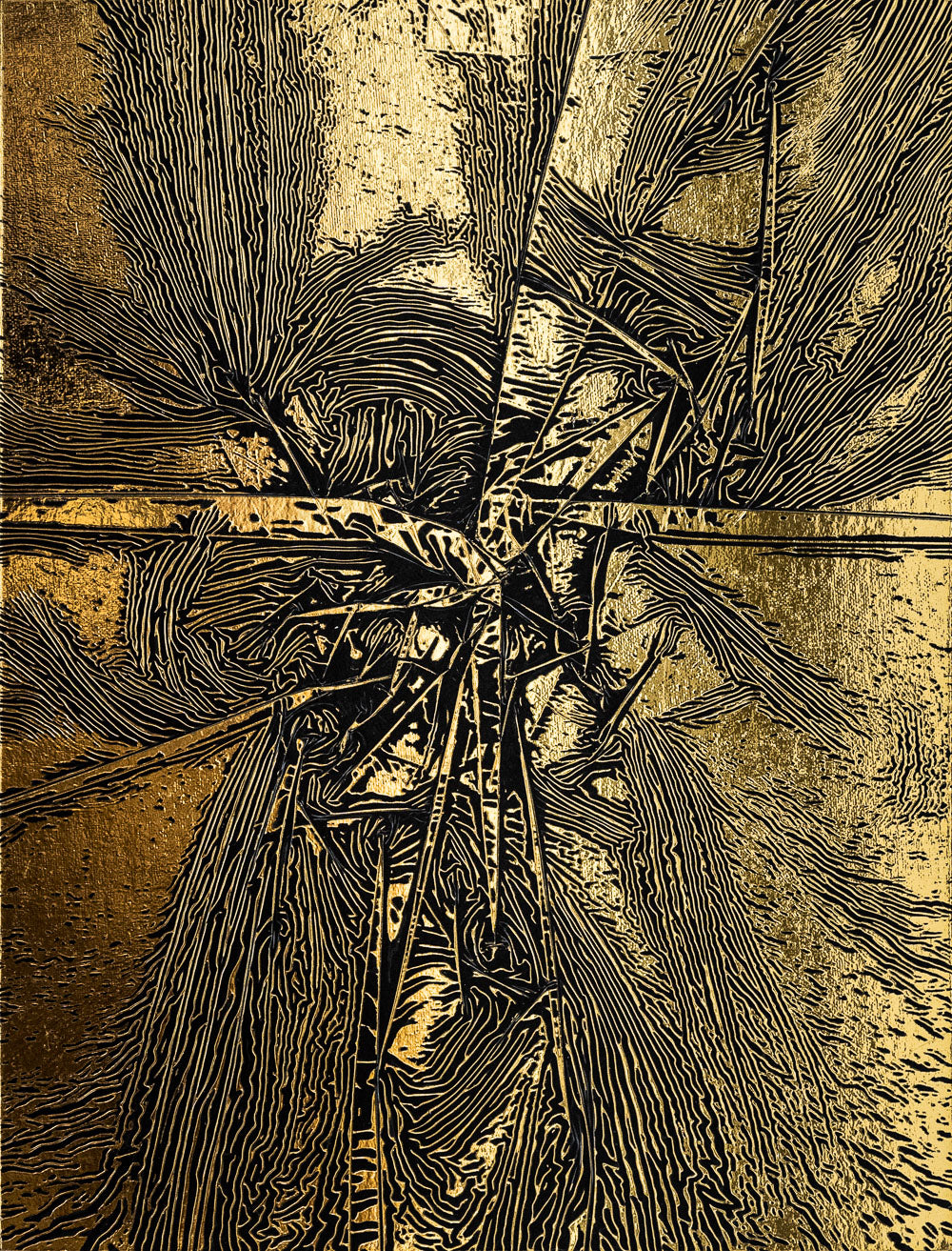 M. Clark "Golden Texture No. 355". Gold foil on illustration board mounted to 10.5"x8"x0.5" sintra panel. Abstract gold and black textural painting.