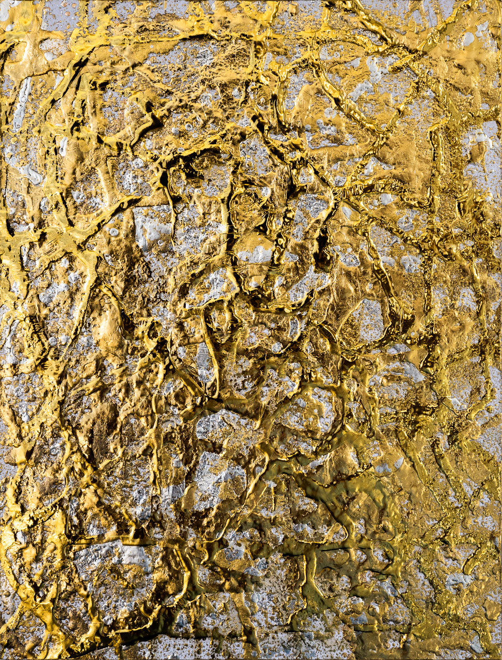 M. Clark "Golden Texture No. 265". Gold foil on illustration board mounted to 10.5"x8"x0.5" sintra panel. Abstract gold and silver textural painting.