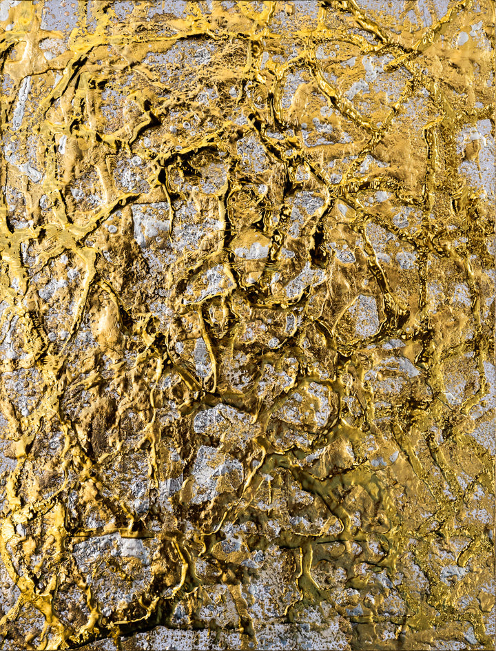 M. Clark "Golden Texture No. 265". Gold foil on illustration board mounted to 10.5"x8"x0.5" sintra panel. Abstract gold and silver textural painting.
