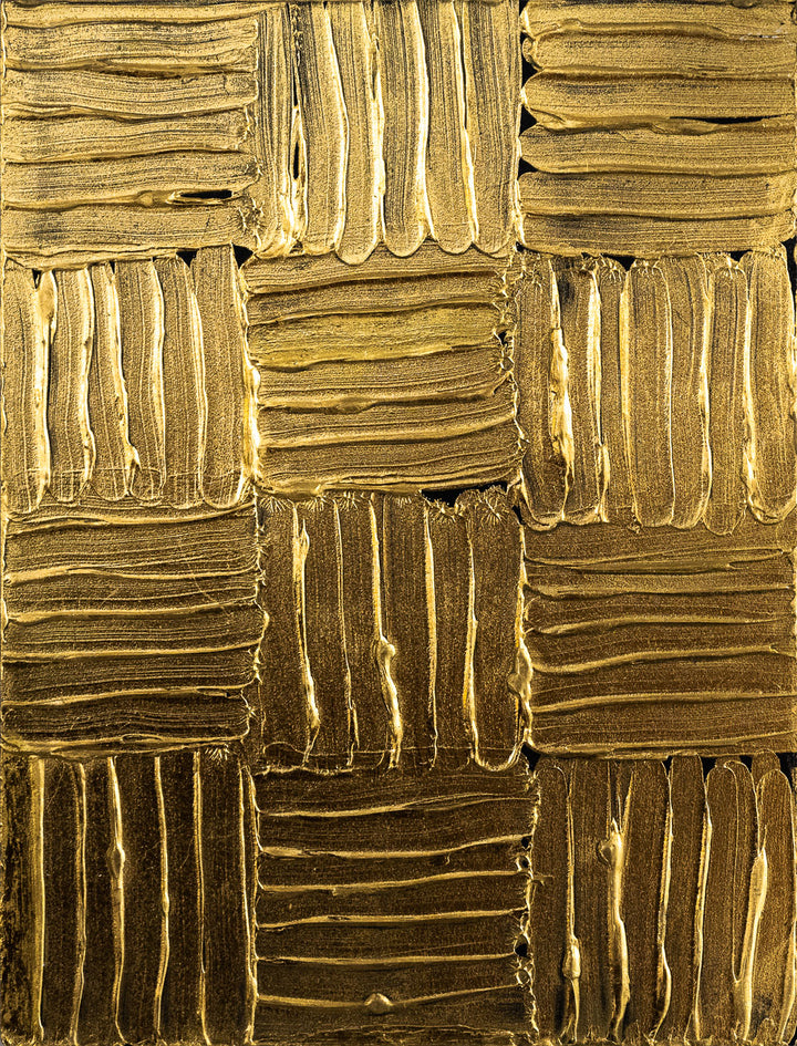 M. Clark "Golden Texture No. 305". Gold foil on 10.5"x8"x0.5" sintra panel. Abstract gold textural painting.
