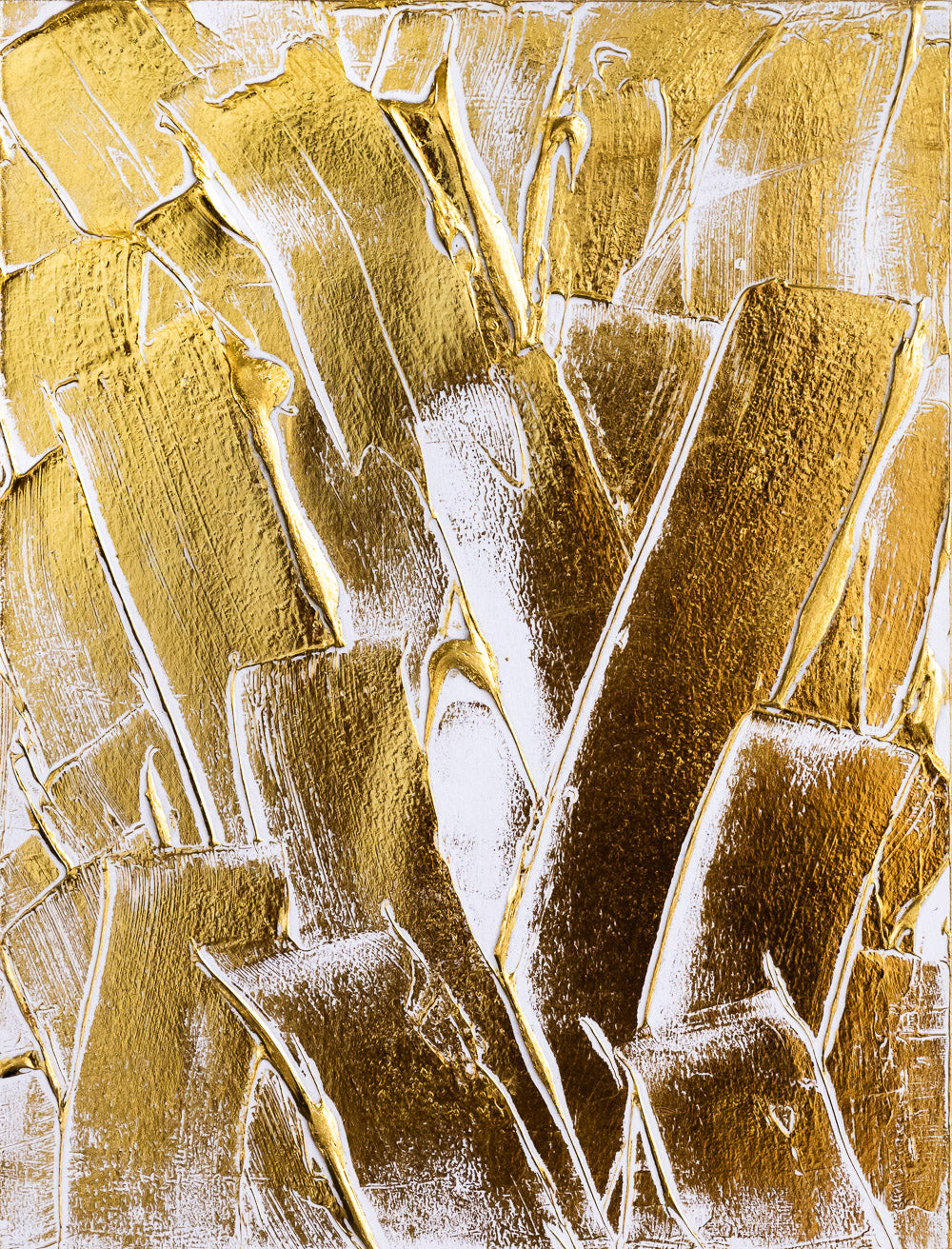 M. Clark "Golden Texture No. 325". Gold foil on illustration board mounted to 10.5"x8"x0.5" sintra panel. Abstract gold and white textural painting.
