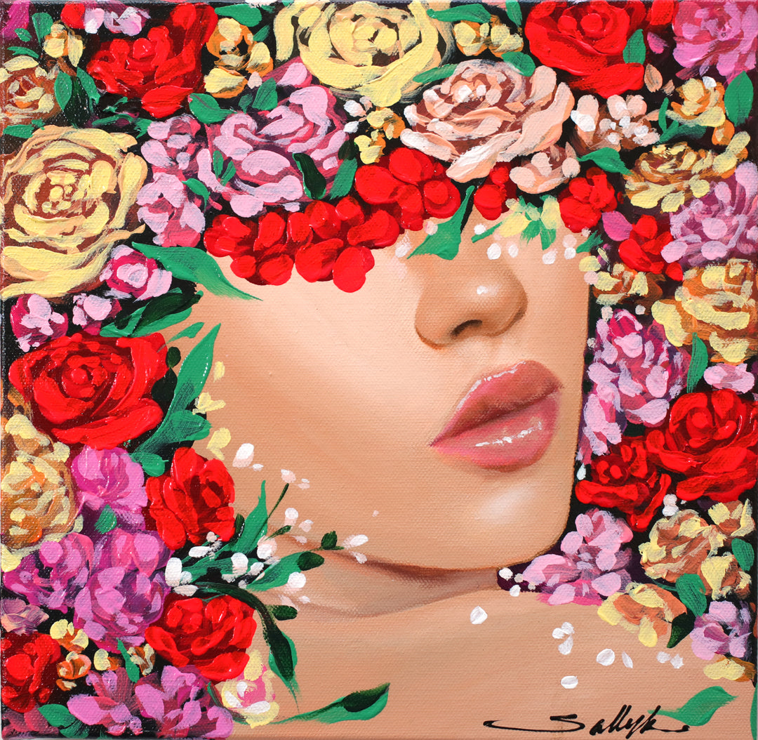 In Full Bloom VI, artwork by Sally K. Acrylic paint on canvas. 12 by 12 inches.