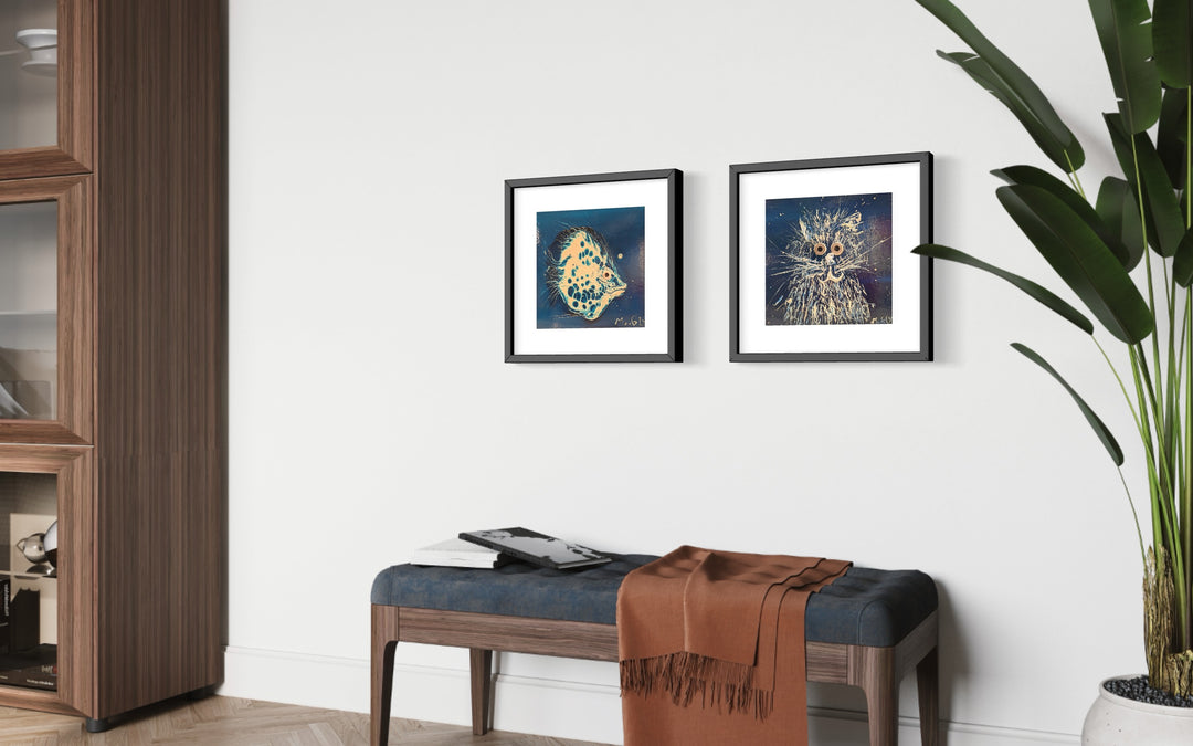 Tropicalized, artwork by Moogly, displayed in a home. Acrylic and collage on cardboard. 10 by 10 inches.